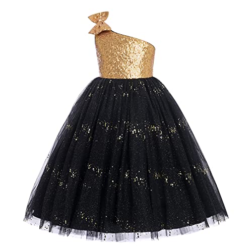 Blumenmädchenkleider Prinzessin Kleid Mädchen Kinder Ärmellos One Shoulder Pailletten Schleife Tütü Glitzer Tüllkleid Festlich Ballkleid Hochzeit Kommunionkleid Einschulung Sommerkleid Gold 9-10 Jahre von Odizli