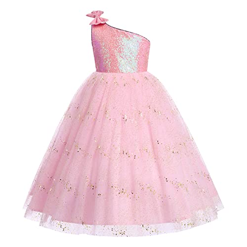 Blumenmädchenkleider Prinzessin Kleid Mädchen Kinder Ärmellos One Shoulder Pailletten Schleife Tütü Glitzer Tüllkleid Festlich Ballkleid Hochzeit Kommunionkleid Einschulung Sommerkleid Rosa 3-4 Jahre von Odizli