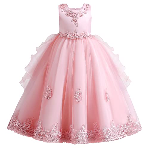 Blumenmädchenkleider Prinzessin Kleid Mädchen Kinder Abendkleid Ärmellose Perle Bowknot Tüllkleid Festlich Hochzeit Brautjungfern Erstkommunion Geburtstag Party Lang Prom Ballkleid Rosa 10-11 Jahre von Odizli