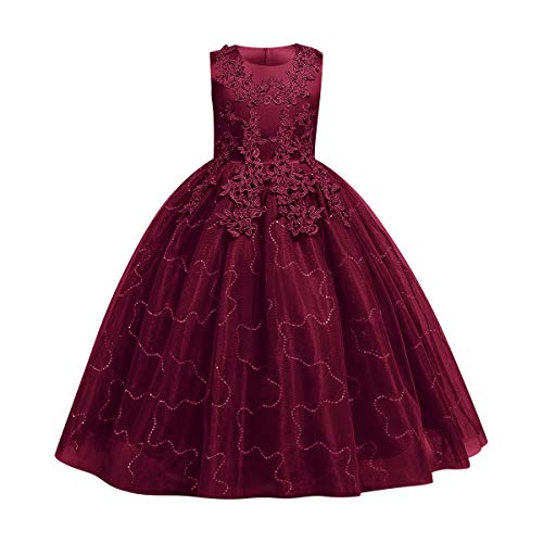 Blumenmädchenkleider Prinzessin Kleid Mädchen Kinder Spitze Blumenstickerei A-Linie Tüllkleid Festliche Hochzeit Erstkommunion Geburtstag Partykleid Abendkleid Lang Ballkleid Weinrot 9-10 Jahre von Odizli