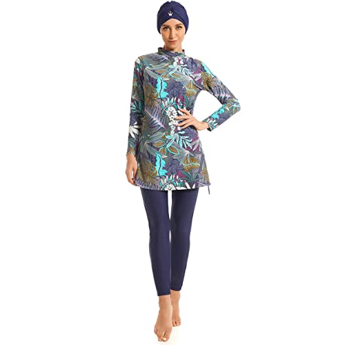 Burkini Damen Muslim Frauen Muslimische Badeanzug Modest Bademode Islamisch Arabisch Jilbab Langarm Schwimmoberteile Built in Bra+Schwimmhose+Hijab 3tlg Full Cover Schwimmanzug Navy Blau Blätter XL von Odizli