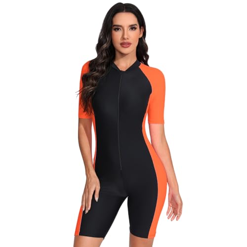 Burkini Damen Muslim Frauen Muslimische Badeanzug mit Bein Islamische Langarm/Kurzarm Zip Up Neopren Schwimmanzug Kurz Neoprenanzug UV Rashguard Surfer Bademode Orange M von Odizli