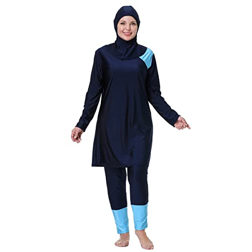 Burkini Damen Muslim Lang Große Größen Muslimische Badeanzug Frauen Langarm Druck UV Shirt+Schwimmhose+Badekappe Hijab Ganzkörper Islamisch Arabisch Modest Bademode Schwimmanzug Dunkelblau #1 4XL von Odizli