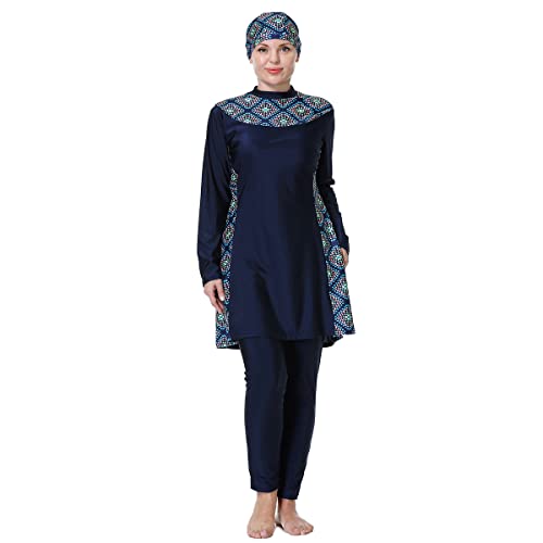 Burkini Damen Muslim Lang Große Größen Muslimische Badeanzug Frauen Langarm Druck UV Shirt+Schwimmhose+Badekappe Hijab Ganzkörper Islamisch Arabisch Modest Bademode Schwimmanzug Dunkelblau #4 4XL von Odizli