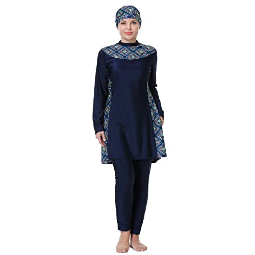 Burkini Damen Muslim Lang Große Größen Muslimische Badeanzug Frauen Langarm Druck UV Shirt+Schwimmhose+Badekappe Hijab Ganzkörper Islamisch Arabisch Modest Bademode Schwimmanzug Dunkelblau #4 8XL von Odizli