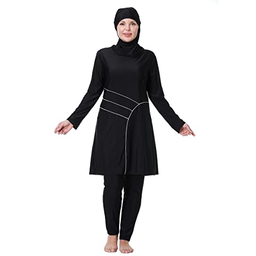 Burkini Damen Muslim Lang Große Größen Muslimische Badeanzug Frauen Langarm Druck UV Shirt+Schwimmhose+Badekappe Hijab Ganzkörper Islamisch Arabisch Modest Bademode Schwimmanzug Schwarz #2 3XL von Odizli