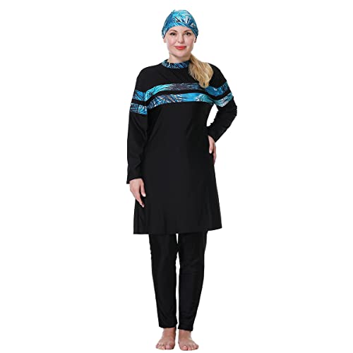 Burkini Damen Muslim Lang Große Größen Muslimische Badeanzug Frauen Langarm Druck UV Shirt+Schwimmhose+Badekappe Hijab Ganzkörper Islamisch Arabisch Modest Bademode Schwimmanzug Schwarz #3 3XL von Odizli