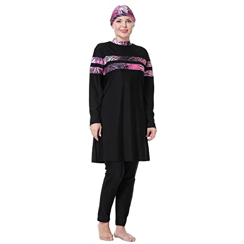 Burkini Damen Muslim Lang Große Größen Muslimische Badeanzug Frauen Langarm Druck UV Shirt+Schwimmhose+Badekappe Hijab Ganzkörper Islamisch Arabisch Modest Bademode Schwimmanzug Schwarz #6 8XL von Odizli