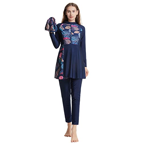 Burkini Damen Muslim Muslimische Badeanzug Frauen Langarm Zipper Blumen UV Schutzkleidung Badeshirt+Schwimmhose+Badekappe Hijab 3tlg Ganzkörper Islamisch Arabisch Jilbab Modest Bademode Dunkelblau 3XL von Odizli