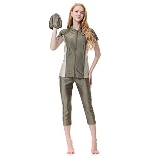 Burkini Damen Muslim Muslimische Badeanzug Full Cover Schwimmanzug Tankini Rashguard Islamisch Arabisch Jilbab Langarm Schwimmoberteile+Shorts Badehose+Hijab 3tlg Modest Bademode Olivgrün#2 L von Odizli