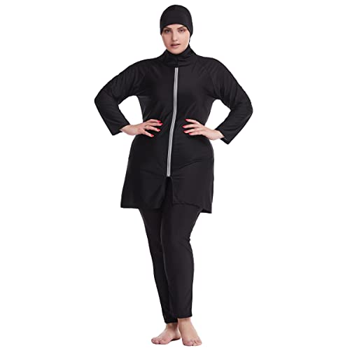 Burkini Damen Muslim Übergröße Frauen Muslimische Bademode Islamisch Arabisch Jilbab Langarm Schwimmoberteile Built in Bra+Schwimmhose+Hijab Kopftuch Khimar 3tlg Ganzkörper Schwimmanzug A#Schwarz 2XL von Odizli