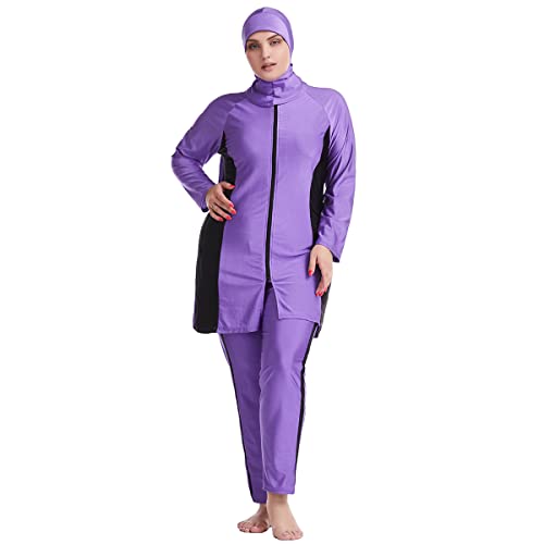 Burkini Damen Muslim Übergröße Frauen Muslimische Bademode Islamisch Arabisch Jilbab Langarm Schwimmoberteile Built in Bra+Schwimmhose+Hijab Kopftuch Khimar 3tlg Ganzkörper Schwimmanzug B#Violett XL von Odizli