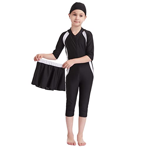 Burkini Mädchen Kinder Muslim Badeanzug Full Cover Schwimmanzug Muslimische Tankini Islamisch Arabisch Jilbab Langarm Schwimmoberteile+Shorts Badehose+Hijab 3tlg Modest Bademode Schwarz#2 5-6 Jahre von Odizli