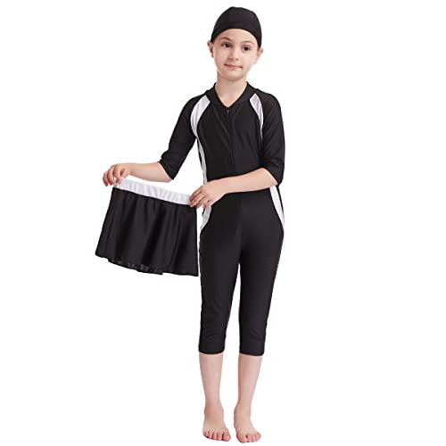 Burkini Mädchen Kinder Muslim Badeanzug Full Cover Schwimmanzug Muslimische Tankini Islamisch Arabisch Jilbab Langarm Schwimmoberteile+Shorts Badehose+Hijab 3tlg Modest Bademode Schwarz#2 9-10 Jahre von Odizli