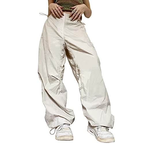 Cargohose Damen Baggy Y2K Parachute Pants Frauen High Waist Fallschirm Hose Vintage Track Pants Hip Hop Freizeithose Jogginghose Teenager Mädchen 90er E-Girl Streetwear Hose mit Taschen Beige S von Odizli