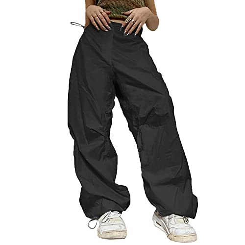 Cargohose Damen Baggy Y2K Parachute Pants Frauen High Waist Fallschirm Hose Vintage Track Pants Hip Hop Freizeithose Jogginghose Teenager Mädchen 90er E-Girl Streetwear Hose mit Taschen Schwarz M von Odizli