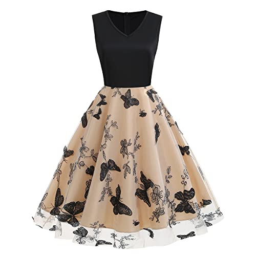 Cocktailkleid Damen Elegant Vintage Rockabilly 50er Jahre Ärmellos V-Ausschnitt Gestickt Tüllrock Knielang Petticoat Kleid Festlich Hochzeit Hochzeitsgast Abschlusskleid Kurz Abendkleid Beige #1 L von Odizli