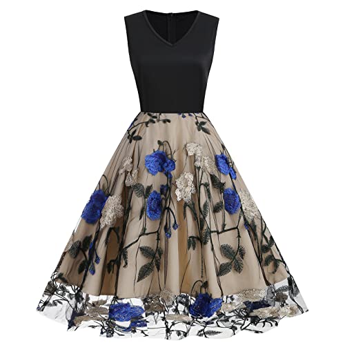 Cocktailkleid Damen Elegant Vintage Rockabilly 50er Jahre Ärmellos V-Ausschnitt Gestickt Tüllrock Knielang Petticoat Kleid Festlich Hochzeit Hochzeitsgast Abschlusskleid Kurz Abendkleid Blau Blume XL von Odizli