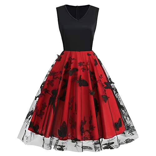 Cocktailkleid Damen Elegant Vintage Rockabilly 50er Jahre Ärmellos V-Ausschnitt Gestickt Tüllrock Knielang Petticoat Kleid Festlich Hochzeit Hochzeitsgast Abschlusskleid Kurz Abendkleid Rot #1 XL von Odizli