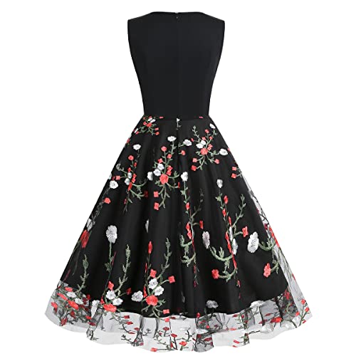 Cocktailkleid Damen Elegant Vintage Rockabilly 50er Jahre Ärmellos V-Ausschnitt Gestickt Tüllrock Knielang Petticoat Kleid Festlich Hochzeit Hochzeitsgast Abschlusskleid Kurz Abendkleid Schwarz #1 XL von Odizli