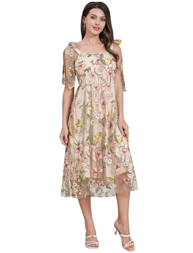 Damen 1950er Retro Kleid Ärmellos Bowknot Blumenstickerei Mesh Swing Kleid Cocktailkleid, aprikose, Klein von Odizli