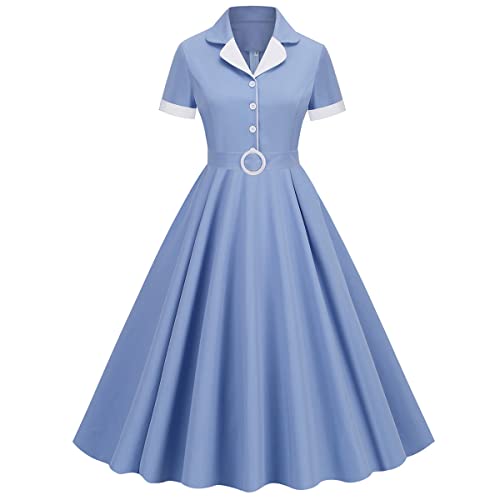 Damen 1950er Vintage Kurzarm Peter Pan Kragen Retro Swing A Line Midi Sommerkleid Cocktail Party Abend Abschlussball Kleid, Hellblau Ff, Groß von Odizli