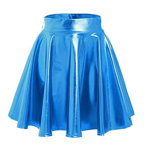 Damen 80er 90er Tellerrock Frauen Lack Lederrock Wetlook Holographic Mini Skater Kurz Rock Metallic Glitzer Faltenrock Neon Party Karneval Fasching Rave Outfit Space Alien Kostüm Blau L von Odizli