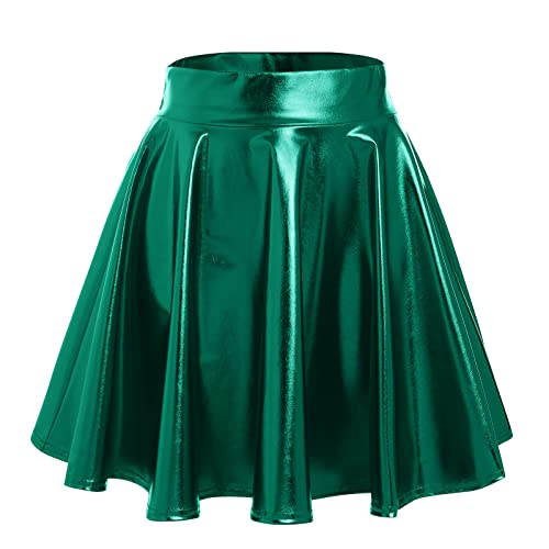 Damen 80er 90er Tellerrock Frauen Lack Lederrock Wetlook Holographic Mini Skater Kurz Rock Metallic Glitzer Faltenrock Neon Party Karneval Fasching Rave Outfit Space Alien Kostüm Grün L von Odizli