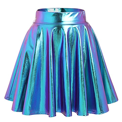 Damen 80er 90er Tellerrock Frauen Lack Lederrock Wetlook Holographic Mini Skater Kurz Rock Metallic Glitzer Faltenrock Neon Party Karneval Fasching Rave Outfit Space Alien Kostüm Laserblau L von Odizli