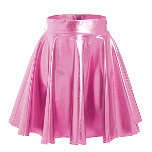 Damen 80er 90er Tellerrock Frauen Lack Lederrock Wetlook Holographic Mini Skater Kurz Rock Metallic Glitzer Faltenrock Neon Party Karneval Fasching Rave Outfit Space Alien Kostüm Rosa XXL von Odizli