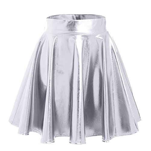 Damen 80er 90er Tellerrock Frauen Lack Lederrock Wetlook Holographic Mini Skater Kurz Rock Metallic Glitzer Faltenrock Neon Party Karneval Fasching Rave Outfit Space Alien Kostüm Silber L von Odizli