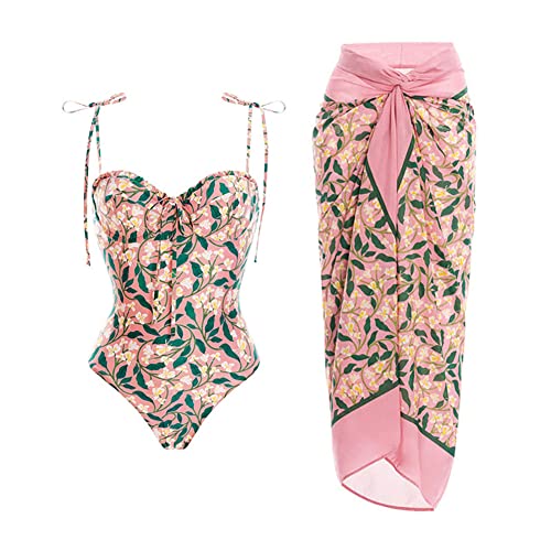 Damen Badeanzug Bodysuit Ärmellos Blumendruck Bikini Einteiler Badeanzug und Sarong Wickelrock Badeanzug, 2pcs/3pcs Set, Rosa, Blumenmuster, 2 Stück, S von Odizli