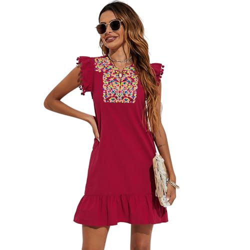 Damen Boho Babydoll Kleid Flatterärmel V-Ausschnitt Stickerei Rüschen Minikleid Mexikanisches Fiesta-Kleid, Rot/Ausflug, einfarbig (Getaway Solids), Groß von Odizli