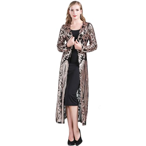 Damen Fashion Duster Cardigan Sparkle Pailletten Langarm Open Front Coat Kleid Party Prom Cover Up, Goldfarben / Schwarz, X-Large von Odizli