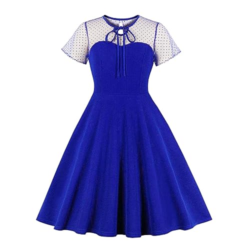 Odizli Rockabilly Kleider Damen 50er Jahre Elegant Vintage Sommer Mesh Kurzarm A Linie Sommerkleid Swing Petticoat Knielang Coctailkleid Hochzeit Festlich Hochzeitsgäste Kurz Abendkleid Königsblau 4XL von Odizli
