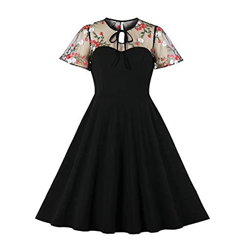 Odizli Rockabilly Kleider Damen 50er Jahre Elegant Vintage Sommer Mesh Kurzarm A Linie Swing Petticoat Knielang Coctailkleid Hochzeit Festlich Hochzeitsgäste Kurz Abendkleid Schwarz Stickerei S von Odizli