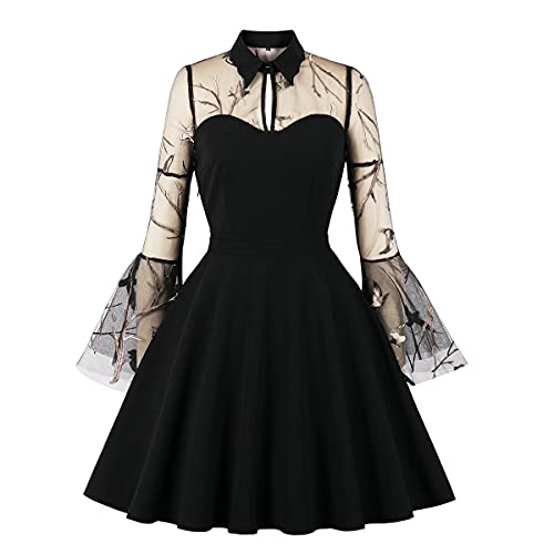 Damen Kleider Sexy Elegant Langarm Spitzenkleid 50s Jahre Retro Rockabilly A Linie Swing Mini Sommerkleid Coctailkleid Festliches Party Business Faltenkleid Kurz Ballkleid Abendkleid B#Stickerei L von Odizli