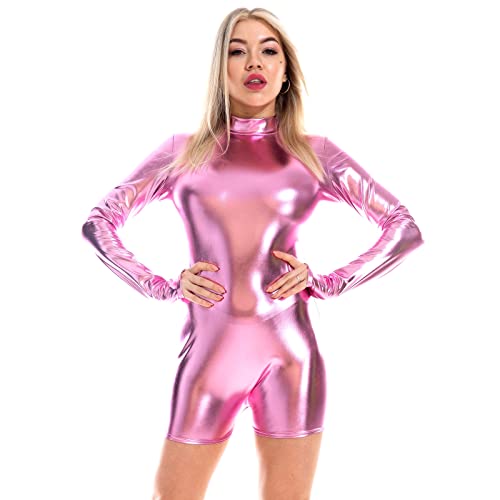 Damen Leder Lack Langarm Body Catsuit Wetlook Gymnastikanzug Top Ballett Trikot Turnanzug Ballettanzug Ballettkleidung Glänzende Metallic Oberteile Kostüm Einteiler Sport Ballettbody A#Rosa XXL von Odizli