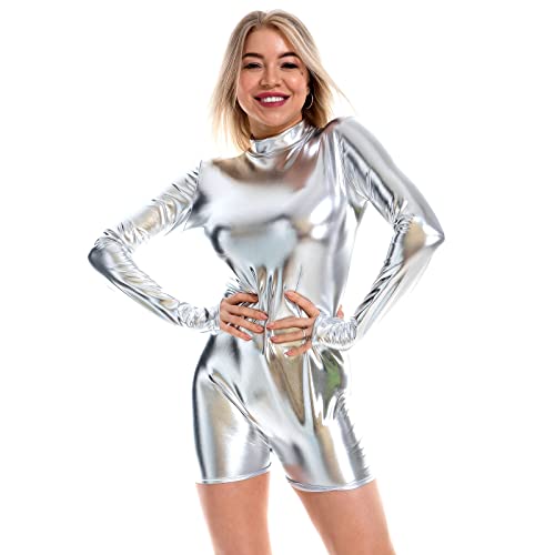 Damen Leder Lack Langarm Body Catsuit Wetlook Gymnastikanzug Top Ballett Trikot Turnanzug Ballettanzug Ballettkleidung Glänzende Metallic Oberteile Kostüm Einteiler Sport Ballettbody A#Silber M von Odizli