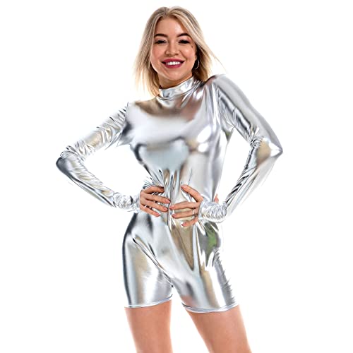 Damen Leder Lack Langarm Body Catsuit Wetlook Gymnastikanzug Top Ballett Trikot Turnanzug Ballettanzug Ballettkleidung Gl�nzende Metallic Oberteile Kost�m Einteiler Sport Ballettbody A#Silber S von Odizli
