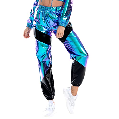 Damen Metallic Hose Glitzer Wetlook Cargohose Sporthose 80er 90er Jahre Kleidung Outfit Hologramm Hip Hop Leggings Jogginghose Sweathose Tanzhosen Party Disco Festival Rave Clubwear Blau Schwarz L von Odizli