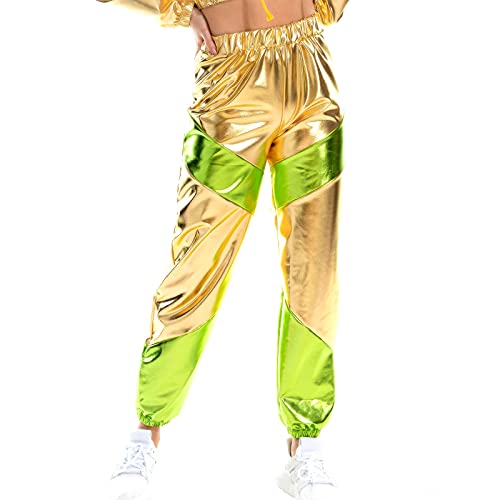 Damen Metallic Hose Glitzer Wetlook Cargohose Sporthose 80er 90er Jahre Kleidung Outfit Hologramm Hip Hop Leggings Jogginghose Sweathose Tanzhosen Party Disco Festival Rave Clubwear Golden Grün L von Odizli