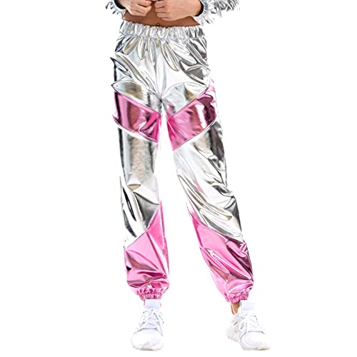 Damen Metallic Hose Glitzer Wetlook Cargohose Sporthose 80er 90er Jahre Kleidung Outfit Hologramm Hip Hop Leggings Jogginghose Sweathose Tanzhosen Party Disco Festival Rave Clubwear Silber Rosa L von Odizli