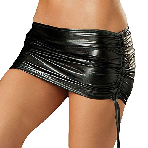 Damen Sexy Wetlook Lack Bodycon Minirock Kurz Frauen Gogo Rock Cosplay Anime Girl Metallic Glitzer Lederrock Dessous Domina Outfit 80er Party Karneval Fasching Rave Outfit Clubwear Schwarz Eine Größe von Odizli