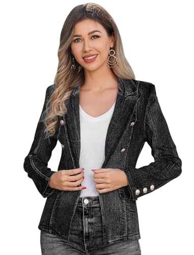 Denim-Blazer, Anzug für Damen, Freizeitjacke, Knopfleiste, Frühjahr, Herbst, Arbeit, Büro, Business Blazer, Schwarz, XL von Odizli