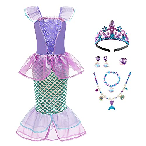 Die Kleine Meerjungfrau Kostüm Mädchen Kinder Arielle Verkleidung Prinzessin Kleid Verkleidungskiste+Krone+Zubehör Halloween Weihnachten Karneval Geburtstag Cosplay Faschingskostüme Lila 4-5 Jahre von Odizli