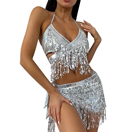 Festival Outfit Damen Rave Sexy Glitzer Pailletten Oberteil Crop Top+Bauchtanz Skater Fransen Rock 90er Jahre Minirock Burning Halloween Karneval Alien Party Kleidung Winx Club Kostüm 4#Laser Silber L von Odizli