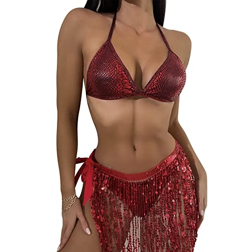 Festival Outfit Damen Rave Sexy Glitzer Pailletten Oberteil Crop Top+Bauchtanz Skater Fransen Rock 90er Jahre Minirock Burning Halloween Karneval Alien Party Kleidung Winx Club Kostüm Rot S von Odizli