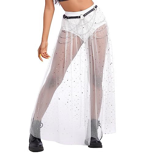 Festival Outfit Damen Rave Techno Sexy 2 in 1 Transparent Mesh Rock Shorts High Waist Maxirock Y2K Glitzer Sterne Pailletten Gothic Tüllrock Teenager Mädchen Party Streetwear Clubwear Weiß M von Odizli