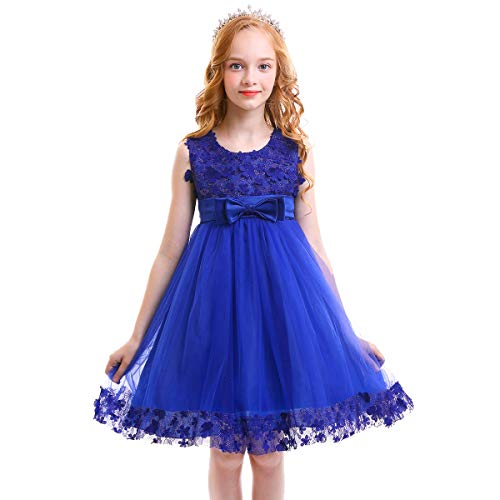 Festliches Kleid Mädchen Blumenmädchenkleider Ärmellos Spitze Prinzessin Tüllkleid Hochzeit Geburtstag Erstkommunion Kommunionkleid Einschulung Taufkleider Ballkleid Abendkleid Königsblau 10-11 Jahre von Odizli